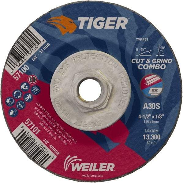 Weiler - 30 Grit, 4-1/2" Wheel Diam, 1/8" Wheel Thickness, Type 27 Depressed Center Wheel - Medium Grade, Aluminum Oxide, Resinoid Bond, S Hardness, 13,300 Max RPM - Exact Industrial Supply