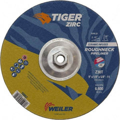 Weiler - 30 Grit, 9" Wheel Diam, 1/8" Wheel Thickness, Type 27 Depressed Center Wheel - Medium Grade, Zirconia Alumina, Resinoid Bond, T Hardness, 6,600 Max RPM - Exact Industrial Supply