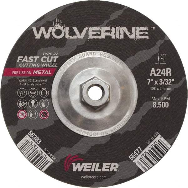 Weiler - 24 Grit, 7" Wheel Diam, 3/32" Wheel Thickness, Type 27 Depressed Center Wheel - Coarse Grade, Aluminum Oxide, Resinoid Bond, R Hardness, 8,500 Max RPM - Exact Industrial Supply