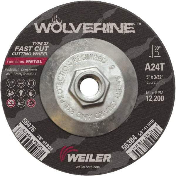 Weiler - 24 Grit, 5" Wheel Diam, 3/32" Wheel Thickness, Type 27 Depressed Center Wheel - Coarse Grade, Aluminum Oxide, Resinoid Bond, T Hardness, 12,200 Max RPM - Exact Industrial Supply
