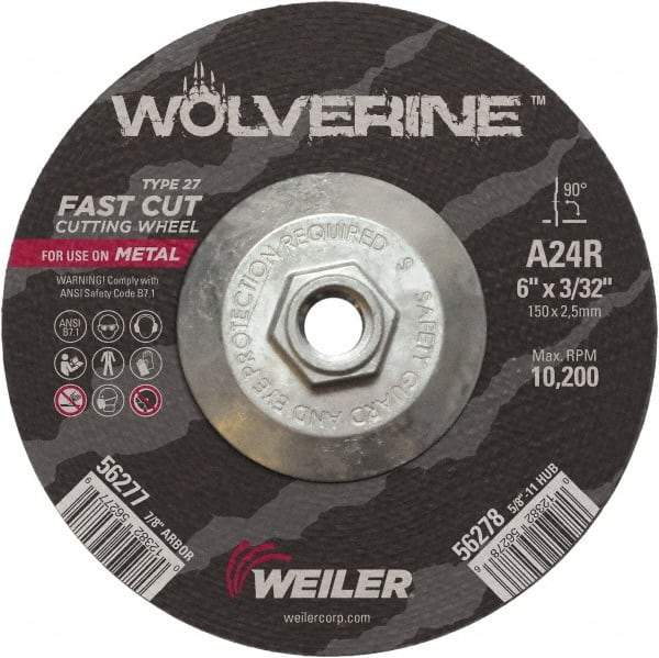 Weiler - 24 Grit, 6" Wheel Diam, 3/32" Wheel Thickness, Type 27 Depressed Center Wheel - Coarse Grade, Aluminum Oxide, Resinoid Bond, R Hardness, 10,200 Max RPM - Exact Industrial Supply