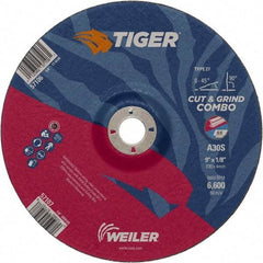Weiler - 30 Grit, 9" Wheel Diam, 1/8" Wheel Thickness, 7/8" Arbor Hole, Type 27 Depressed Center Wheel - Medium Grade, Aluminum Oxide, Resinoid Bond, S Hardness, 6,600 Max RPM - Exact Industrial Supply