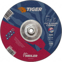 Weiler - 30 Grit, 9" Wheel Diam, 1/8" Wheel Thickness, Type 27 Depressed Center Wheel - Medium Grade, Aluminum Oxide, Resinoid Bond, S Hardness, 6,600 Max RPM - Exact Industrial Supply