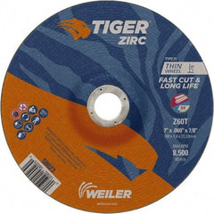 Weiler - 60 Grit, 7" Wheel Diam, 7/8" Arbor Hole, Type 27 Depressed Center Wheel - Medium Grade, Zirconia Alumina, Resinoid Bond, T Hardness, 8,500 Max RPM - Exact Industrial Supply