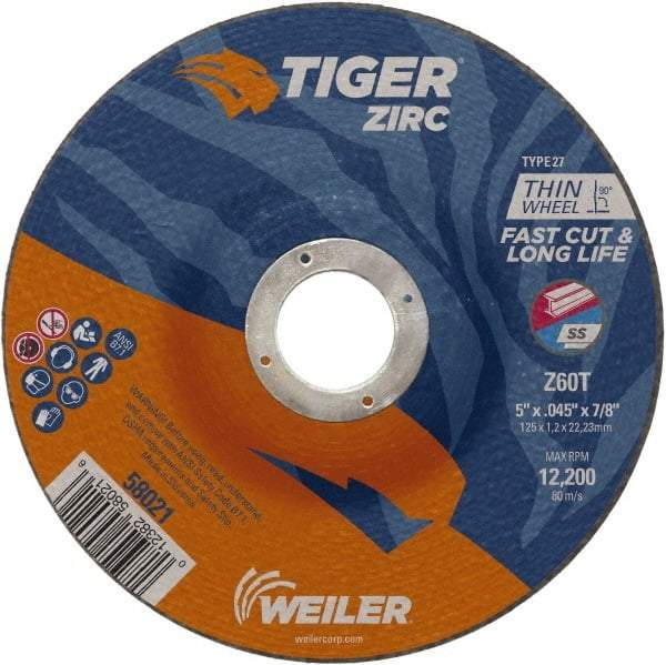 Weiler - 60 Grit, 5" Wheel Diam, 7/8" Arbor Hole, Type 27 Depressed Center Wheel - Medium Grade, Zirconia Alumina, Resinoid Bond, T Hardness, 12,200 Max RPM - Exact Industrial Supply