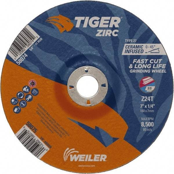 Weiler - 24 Grit, 7" Wheel Diam, 1/4" Wheel Thickness, 7/8" Arbor Hole, Type 27 Depressed Center Wheel - Coarse Grade, Zirconia Alumina, Resinoid Bond, T Hardness, 8,500 Max RPM - Exact Industrial Supply