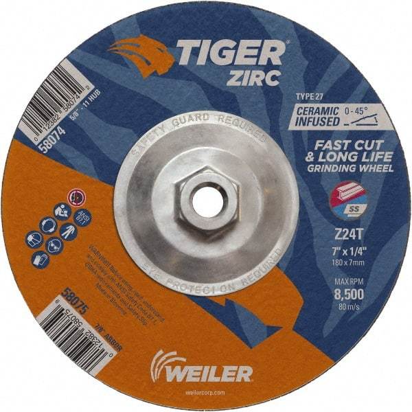 Weiler - 24 Grit, 7" Wheel Diam, 1/4" Wheel Thickness, Type 27 Depressed Center Wheel - Coarse Grade, Zirconia Alumina, Resinoid Bond, T Hardness, 8,500 Max RPM - Exact Industrial Supply