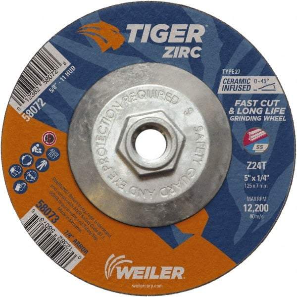 Weiler - 24 Grit, 5" Wheel Diam, 1/4" Wheel Thickness, Type 27 Depressed Center Wheel - Coarse Grade, Zirconia Alumina, Resinoid Bond, T Hardness, 12,200 Max RPM - Exact Industrial Supply