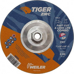 Weiler - 30 Grit, 7" Wheel Diam, 1/8" Wheel Thickness, Type 27 Depressed Center Wheel - Medium Grade, Zirconia Alumina, Resinoid Bond, T Hardness, 8,500 Max RPM - Exact Industrial Supply