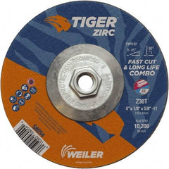 Weiler - 30 Grit, 6" Wheel Diam, 1/8" Wheel Thickness, Type 27 Depressed Center Wheel - Medium Grade, Zirconia Alumina, Resinoid Bond, T Hardness, 10,200 Max RPM - Exact Industrial Supply