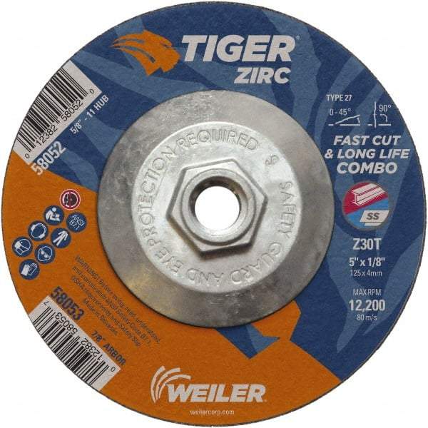 Weiler - 30 Grit, 5" Wheel Diam, 1/8" Wheel Thickness, Type 27 Depressed Center Wheel - Medium Grade, Zirconia Alumina, Resinoid Bond, T Hardness, 12,200 Max RPM - Exact Industrial Supply