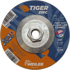 Weiler - 30 Grit, 5" Wheel Diam, 1/8" Wheel Thickness, Type 27 Depressed Center Wheel - Medium Grade, Zirconia Alumina, Resinoid Bond, T Hardness, 12,200 Max RPM - Exact Industrial Supply
