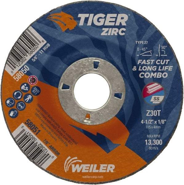 Weiler - 30 Grit, 4-1/2" Wheel Diam, 1/8" Wheel Thickness, 7/8" Arbor Hole, Type 27 Depressed Center Wheel - Medium Grade, Zirconia Alumina, Resinoid Bond, T Hardness, 13,300 Max RPM - Exact Industrial Supply