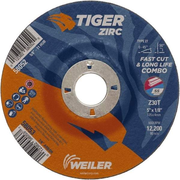 Weiler - 30 Grit, 5" Wheel Diam, 1/8" Wheel Thickness, 7/8" Arbor Hole, Type 27 Depressed Center Wheel - Medium Grade, Zirconia Alumina, Resinoid Bond, T Hardness, 12,200 Max RPM - Exact Industrial Supply