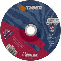 Weiler - 60 Grit, 7" Wheel Diam, 7/8" Arbor Hole, Type 27 Depressed Center Wheel - Medium Grade, Aluminum Oxide, Resinoid Bond, T Hardness, 8,500 Max RPM - Exact Industrial Supply