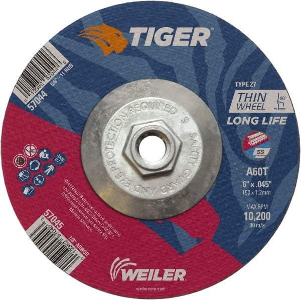Weiler - 60 Grit, 6" Wheel Diam, Type 27 Depressed Center Wheel - Medium Grade, Aluminum Oxide, Resinoid Bond, T Hardness, 10,200 Max RPM - Exact Industrial Supply