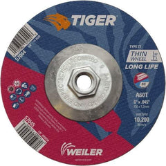 Weiler - 60 Grit, 6" Wheel Diam, Type 27 Depressed Center Wheel - Medium Grade, Aluminum Oxide, Resinoid Bond, T Hardness, 10,200 Max RPM - Exact Industrial Supply