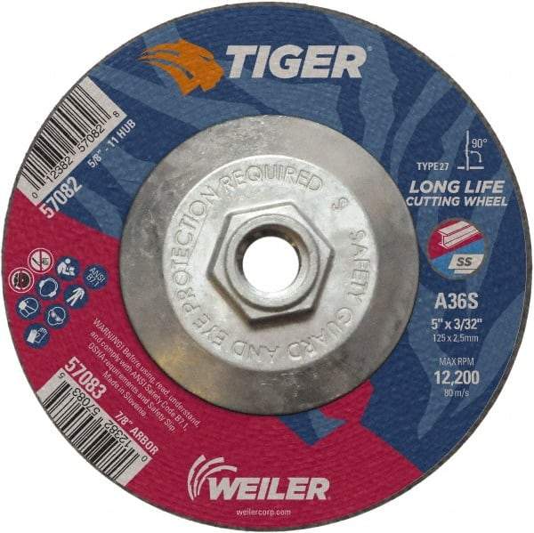 Weiler - 60 Grit, 5" Wheel Diam, 3/32" Wheel Thickness, Type 27 Depressed Center Wheel - Medium Grade, Aluminum Oxide, Resinoid Bond, T Hardness, 12,200 Max RPM - Exact Industrial Supply