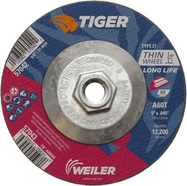 Weiler - 60 Grit, 5" Wheel Diam, Type 27 Depressed Center Wheel - Medium Grade, Aluminum Oxide, Resinoid Bond, T Hardness, 12,200 Max RPM - Exact Industrial Supply