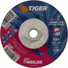 Weiler - 60 Grit, 4-1/2" Wheel Diam, 3/32" Wheel Thickness, Type 27 Depressed Center Wheel - Medium Grade, Aluminum Oxide, Resinoid Bond, T Hardness, 13,300 Max RPM - Exact Industrial Supply