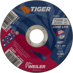 Weiler - 60 Grit, 4-1/2" Wheel Diam, Type 27 Depressed Center Wheel - Medium Grade, Aluminum Oxide, Resinoid Bond, T Hardness, 13,300 Max RPM - Exact Industrial Supply
