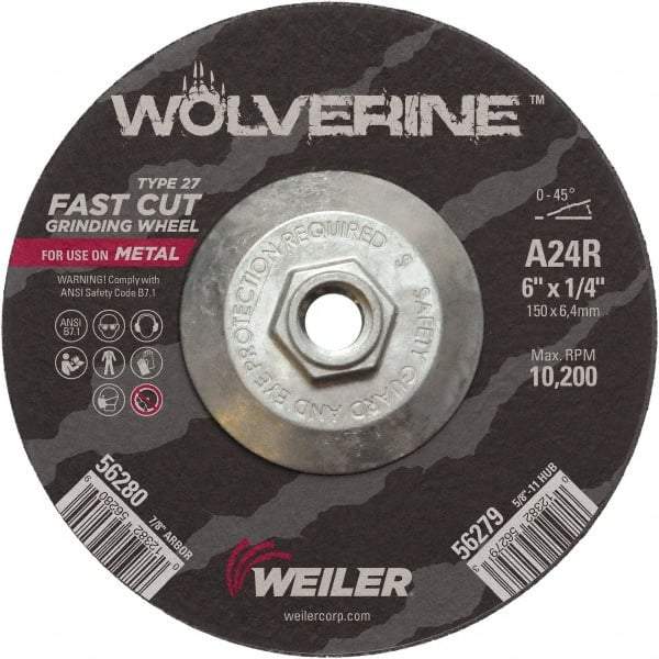 Weiler - 24 Grit, 6" Wheel Diam, 1/4" Wheel Thickness, Type 27 Depressed Center Wheel - Coarse Grade, Aluminum Oxide, Resinoid Bond, R Hardness, 10,200 Max RPM - Exact Industrial Supply