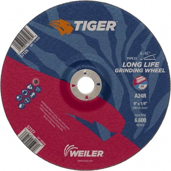 Weiler - 24 Grit, 9" Wheel Diam, 1/4" Wheel Thickness, 7/8" Arbor Hole, Type 27 Depressed Center Wheel - Coarse Grade, Aluminum Oxide, Resinoid Bond, R Hardness, 6,600 Max RPM - Exact Industrial Supply