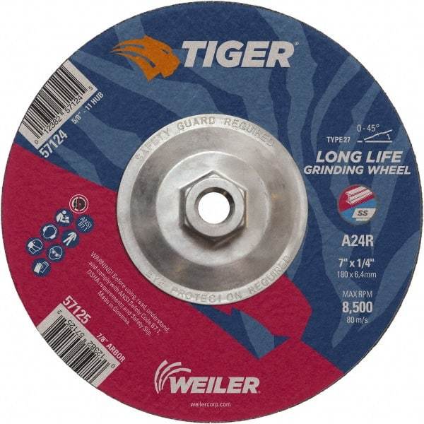 Weiler - 24 Grit, 7" Wheel Diam, 1/4" Wheel Thickness, Type 27 Depressed Center Wheel - Coarse Grade, Aluminum Oxide, Resinoid Bond, R Hardness, 8,500 Max RPM - Exact Industrial Supply