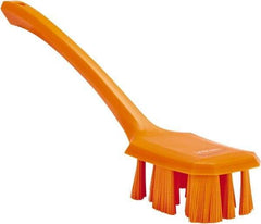 Vikan - 2-3/4" Bristle Length, Polyester Scrub Brush - 12" Long x 2-7/8" Wide Head, 15-1/2" OAL, Long Handle, Orange, Polypropylene Block - Exact Industrial Supply