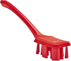 Vikan - 2-3/4" Bristle Length, Polyester Scrub Brush - 12" Long x 2-7/8" Wide Head, 15-1/2" OAL, Long Handle, Red, Polypropylene Block - Exact Industrial Supply