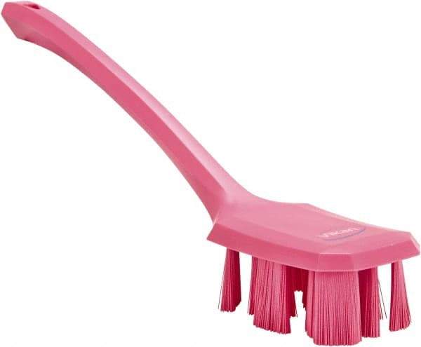 Vikan - 2-3/4" Bristle Length, Polyester Scrub Brush - 12" Long x 2-7/8" Wide Head, 15-1/2" OAL, Long Handle, Pink, Polypropylene Block - Exact Industrial Supply