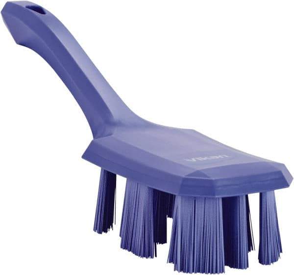 Vikan - 2-3/4" Bristle Length, Polyester Scrub Brush - 8" Long x 2-7/8" Wide Head, 10" OAL, Short Handle, Purple, Polypropylene Block - Exact Industrial Supply