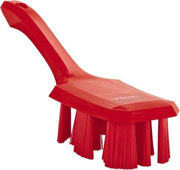 Vikan - 2-3/4" Bristle Length, Polyester Scrub Brush - 8" Long x 2-7/8" Wide Head, 10" OAL, Short Handle, Red, Polypropylene Block - Exact Industrial Supply