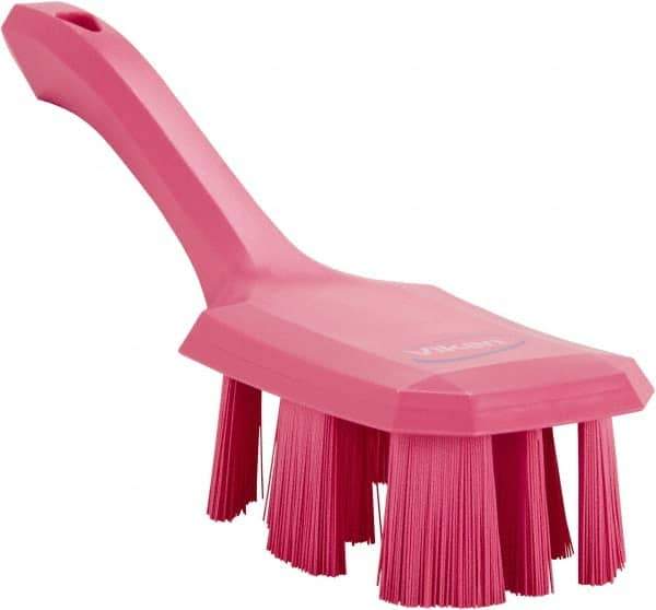 Vikan - 2-3/4" Bristle Length, Polyester Scrub Brush - 8" Long x 2-7/8" Wide Head, 10" OAL, Short Handle, Pink, Polypropylene Block - Exact Industrial Supply