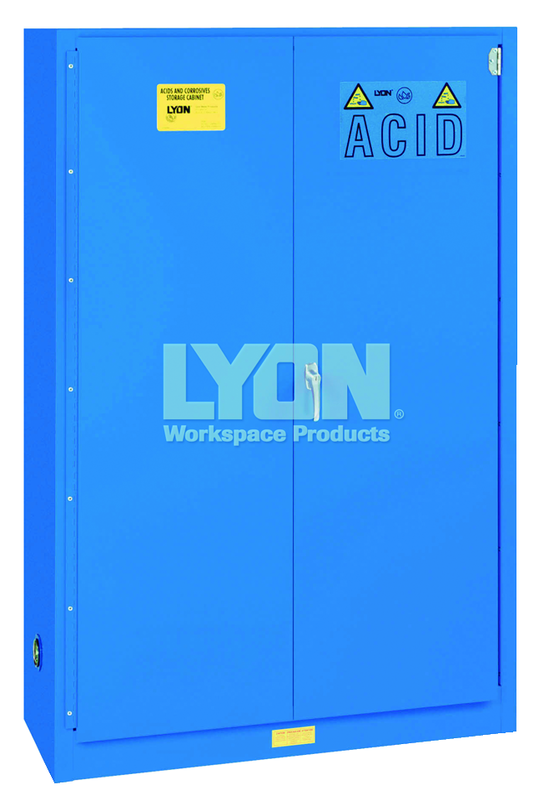 Acid Storage Cabinet - #5545 - 43 x 18 x 65" - 45 Gallon - w/2 shelves, three poly trays, bi-fold self-closing door - Blue Only - Exact Industrial Supply