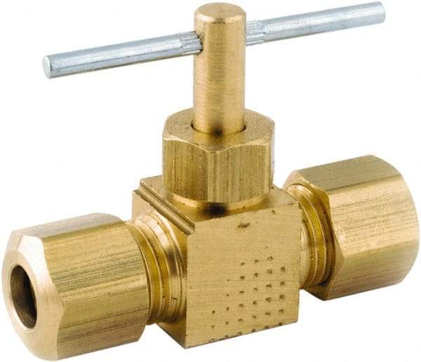 ANDERSON METALS - 3/8 x 3/8" Pipe, Inline Metal Seat Needle Valve - Brass Seal, Compression x Compression Ends, Lead Free Brass Valve, 150 Max psi - Exact Industrial Supply