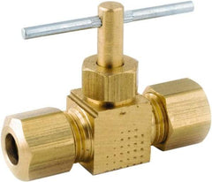 ANDERSON METALS - 5/16 x 5/16" Pipe, Inline Metal Seat Needle Valve - Brass Seal, Compression x Compression Ends, Lead Free Brass Valve, 150 Max psi - Exact Industrial Supply