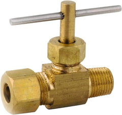 ANDERSON METALS - 1/4 x 1/8" Pipe, Inline Metal Seat Needle Valve - Brass Seal, Compression x MIP Ends, Lead Free Brass Valve, 150 Max psi - Exact Industrial Supply