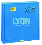Wall-Mount Bench Acid Cabinet - #5566 - 43 x 12 x 44" - 20 Gallon - w/5 shelves, six poly trays, 2-door manual close - Blue Only - Exact Industrial Supply