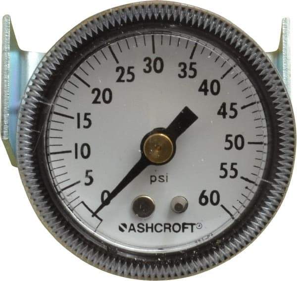 Ashcroft - 1-1/2" Dial, 1/8 Thread, 0-60 Scale Range, Pressure Gauge - Center Back Connection Mount - Exact Industrial Supply