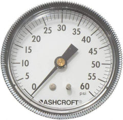 Ashcroft - 2-1/2" Dial, 1/4 Thread, 0-60 Scale Range, Pressure Gauge - Center Back Connection Mount - Exact Industrial Supply