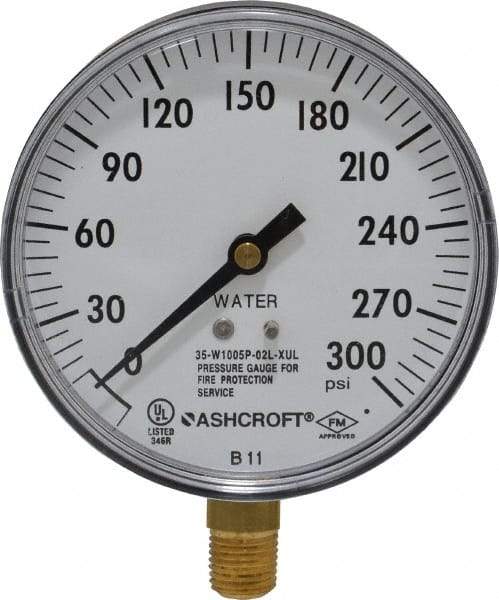 Ashcroft - 3-1/2" Dial, 1/4 Thread, 0-300 Scale Range, Pressure Gauge - Lower Connection Mount - Exact Industrial Supply