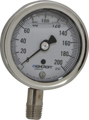 Ashcroft - 2-1/2" Dial, 1/4 Thread, 0-200 Scale Range, Pressure Gauge - Lower Connection Mount, Accurate to 1% of Scale - Exact Industrial Supply