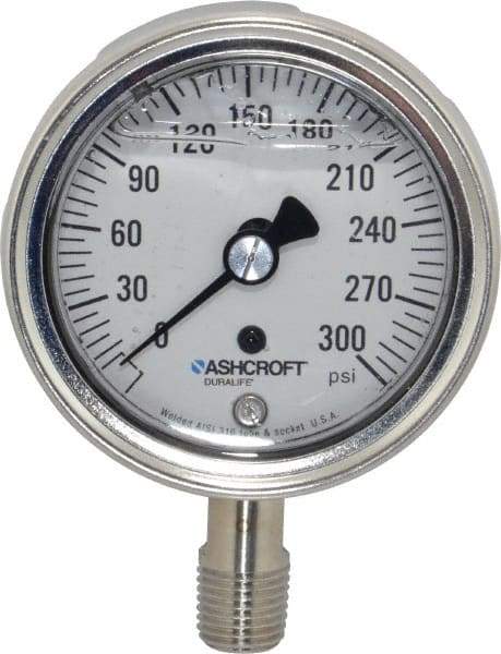 Ashcroft - 2-1/2" Dial, 1/4 Thread, 0-300 Scale Range, Pressure Gauge - Lower Connection Mount, Accurate to 1% of Scale - Exact Industrial Supply