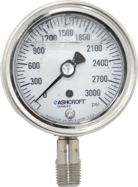 Ashcroft - 2-1/2" Dial, 1/4 Thread, 0-3,000 Scale Range, Pressure Gauge - Lower Connection Mount, Accurate to 1% of Scale - Exact Industrial Supply