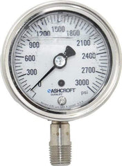 Ashcroft - 2-1/2" Dial, 1/4 Thread, 0-3,000 Scale Range, Pressure Gauge - Lower Connection Mount, Accurate to 1% of Scale - Exact Industrial Supply