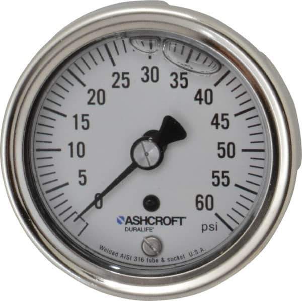 Ashcroft - 2-1/2" Dial, 1/4 Thread, 0-60 Scale Range, Pressure Gauge - Center Back Connection Mount, Accurate to 1% of Scale - Exact Industrial Supply
