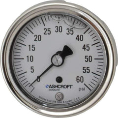 Ashcroft - 2-1/2" Dial, 1/4 Thread, 0-60 Scale Range, Pressure Gauge - Center Back Connection Mount, Accurate to 1% of Scale - Exact Industrial Supply