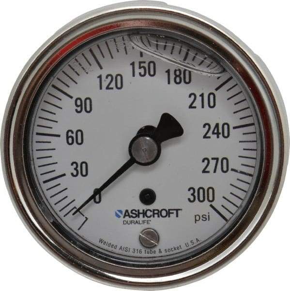 Ashcroft - 2-1/2" Dial, 1/4 Thread, 0-300 Scale Range, Pressure Gauge - Center Back Connection Mount, Accurate to 1% of Scale - Exact Industrial Supply