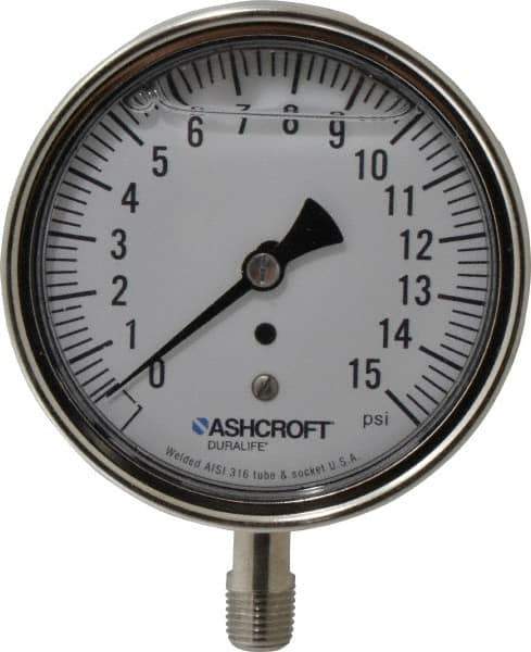 Ashcroft - 3-1/2" Dial, 1/4 Thread, 0-15 Scale Range, Pressure Gauge - Lower Connection Mount, Accurate to 1% of Scale - Exact Industrial Supply